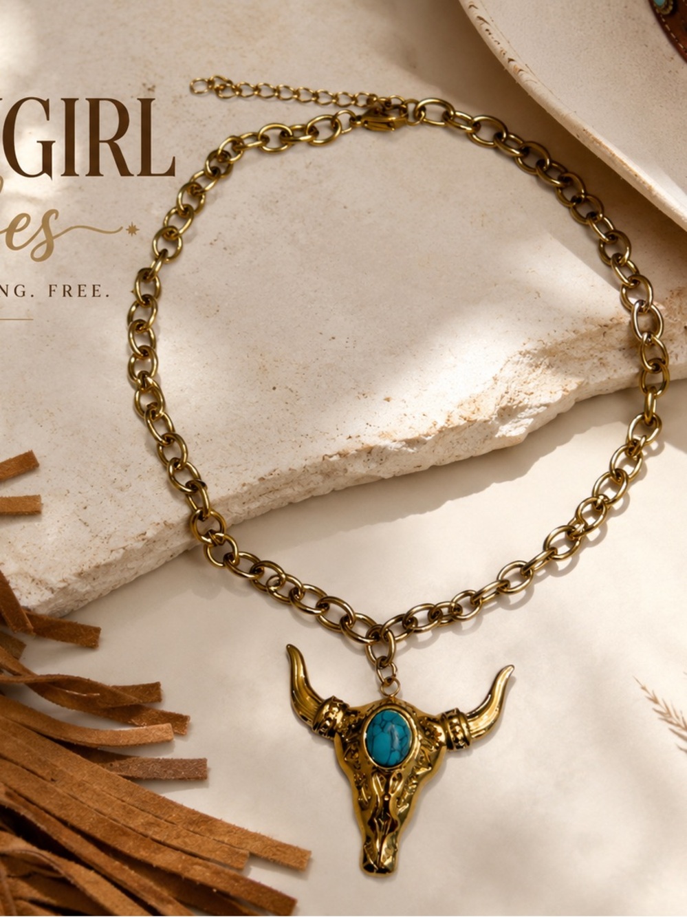 Gold Bull Skull Necklace with Turquoise Stone 18k Gold Plated /Stainless Steel